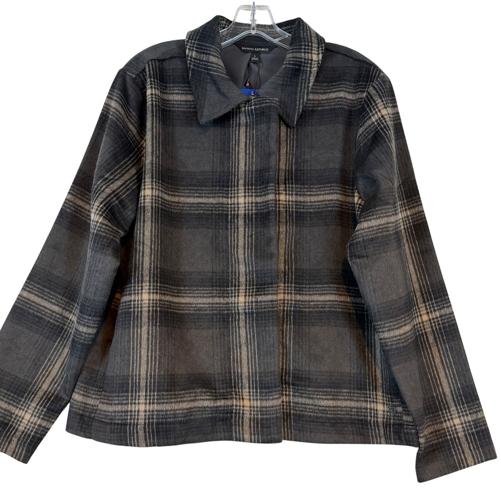 Banana Republic Women Gray Plaid Lined Shirt Jacket Shacket •L• Layering Preppy